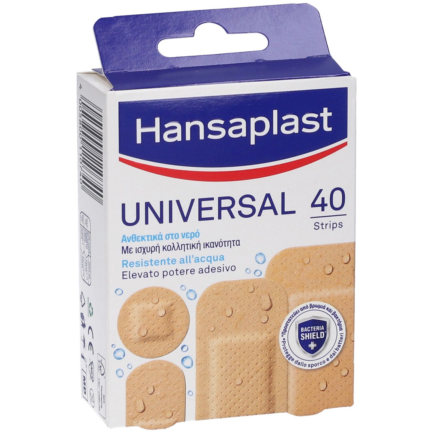 Vorderansicht der Hansaplast Universal Pflasterverpackung. 40 Pflaster, wasserdicht und atmungsaktiv.