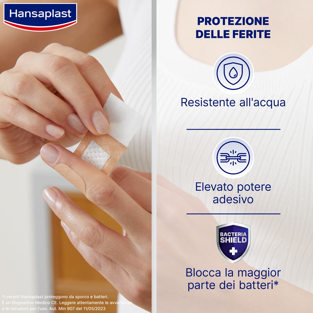 Mano con cerotto sul dito. Logo Hansaplast. Impermeabile, alta adesività e protezione batterica.