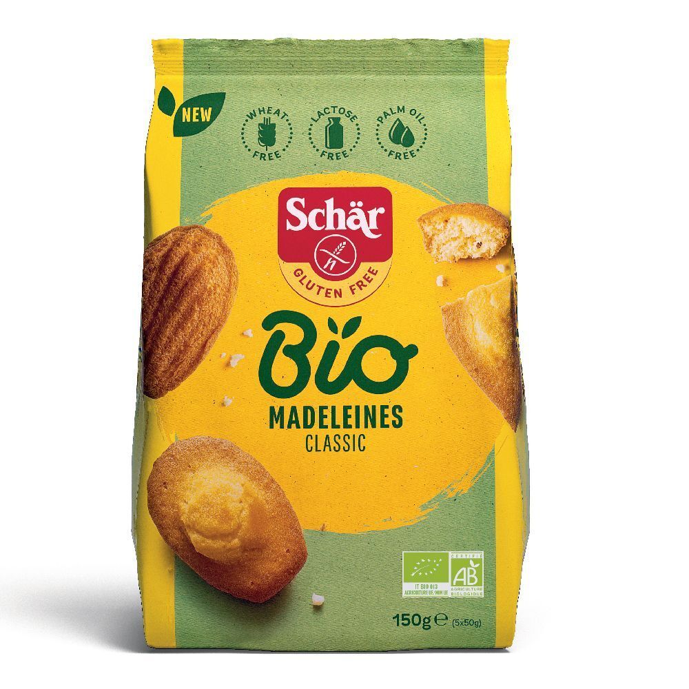 Confezione di Schär Bio Madeleines Classic. Confezione gialla con immagini del prodotto e logo. Senza glutine, senza lattosio, senza olio di palma.