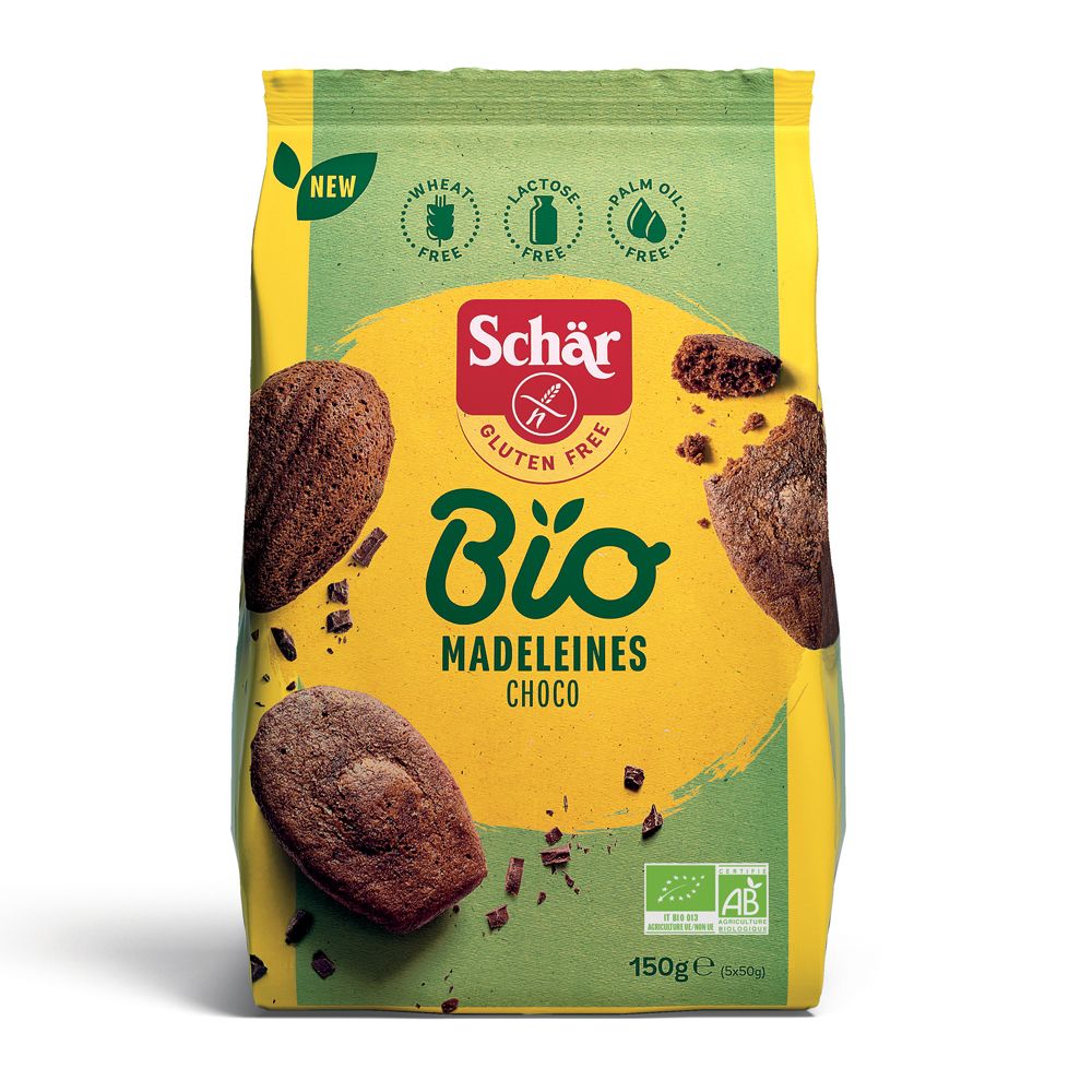 Confezione di Schär Bio Madeleines Choco. Senza glutine, senza olio di palma, senza lattosio. Confezione da 150g.
