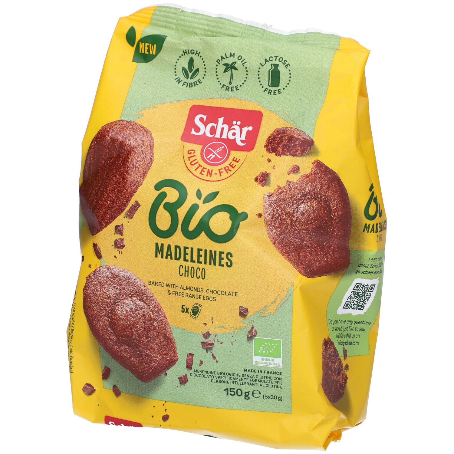 Confezione Schär Bio Madeleines Choco. Senza glutine, senza olio di palma, senza lattosio. 5 pezzi. Con mandorle, cioccolato e uova.