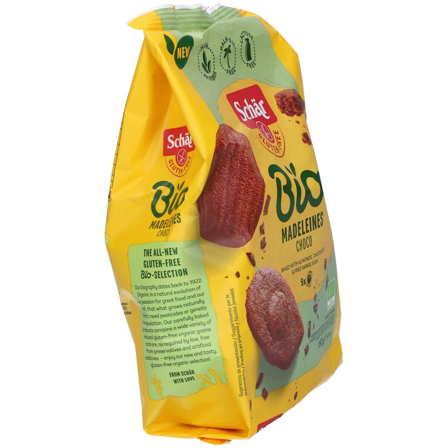 Confezione Schär Bio Madeleines Choco. Senza glutine, senza olio di palma, senza lattosio. 5 pezzi. Con mandorle, cioccolato e uova.