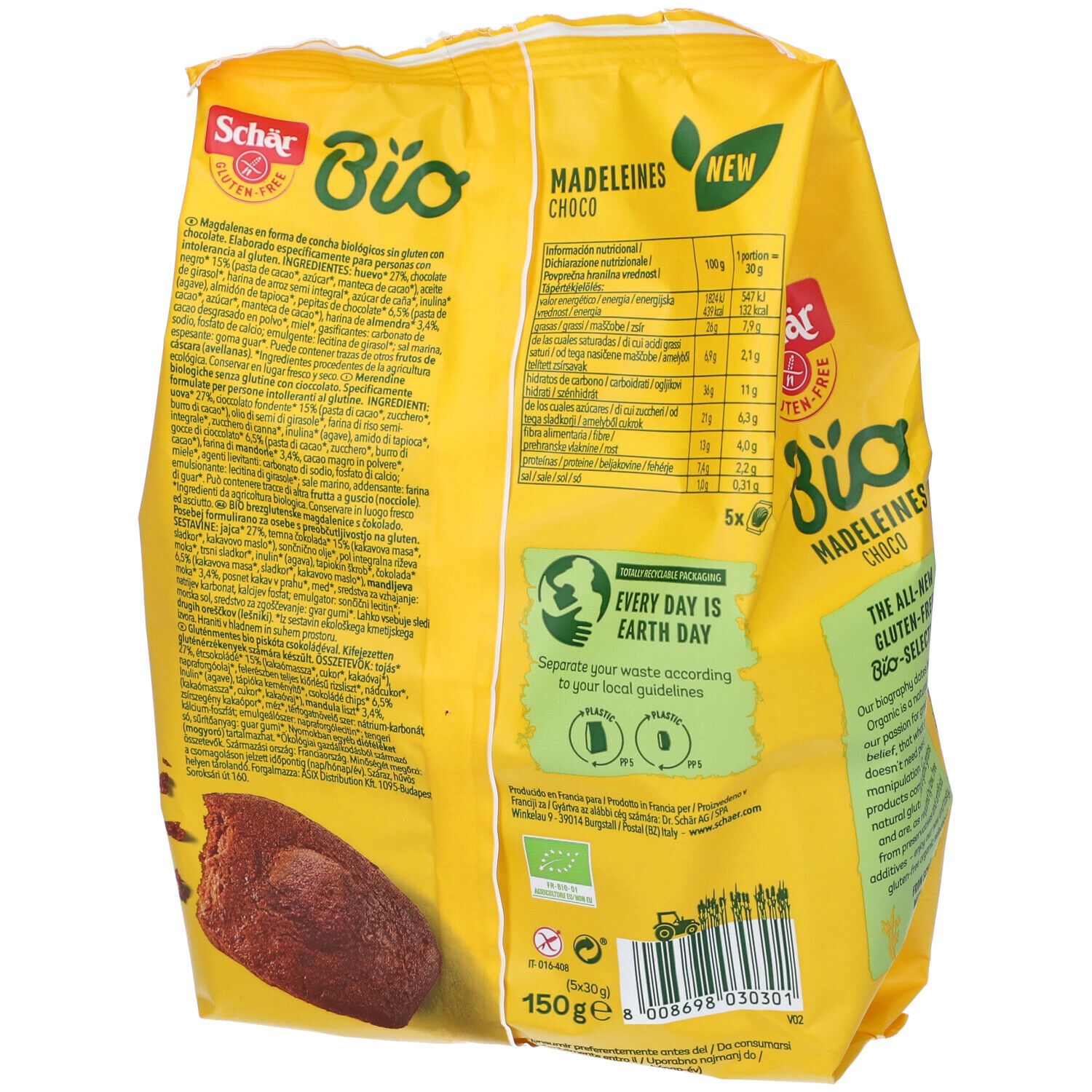 Retro della confezione Schär Bio Madeleines Choco. Contiene informazioni nutrizionali, elenco ingredienti e certificazioni.