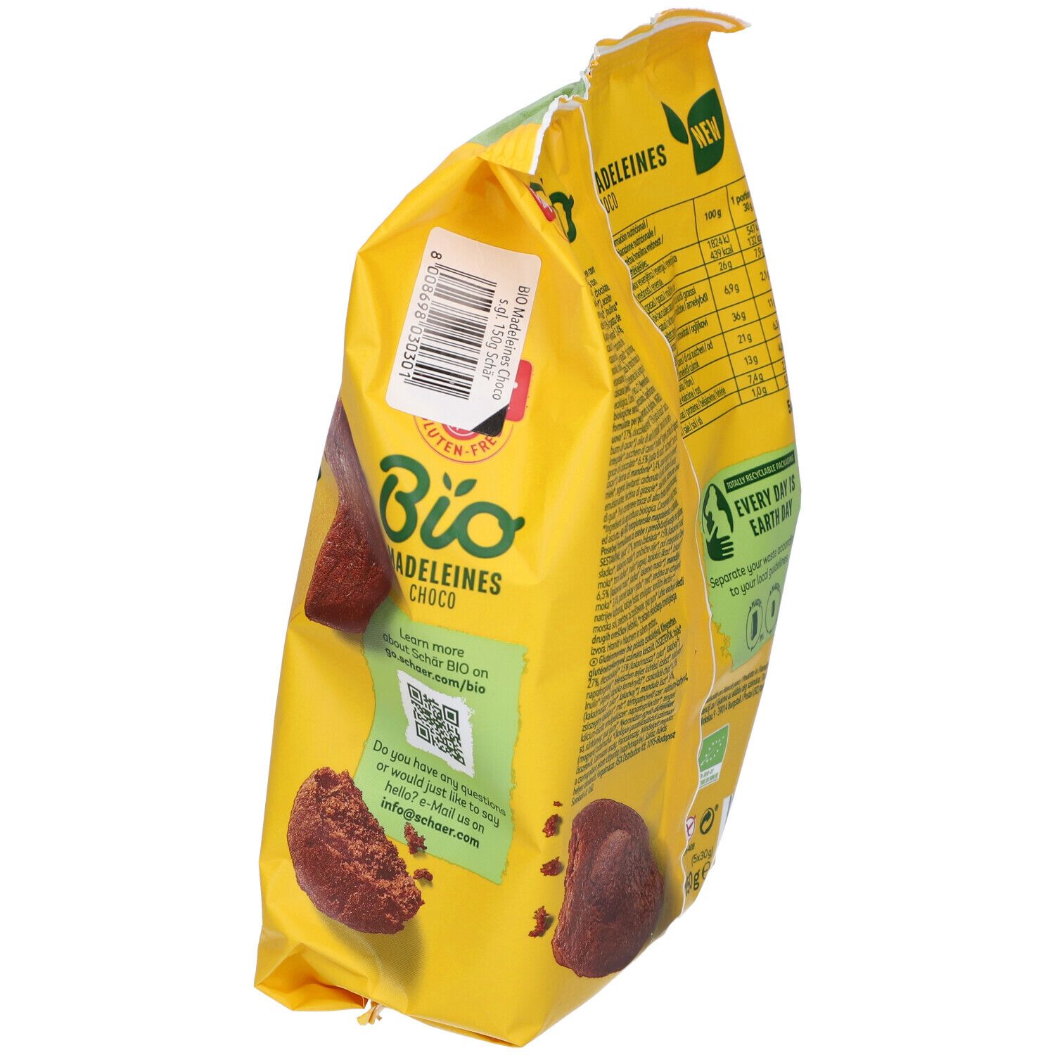 Confezione Schär Bio Madeleines Choco. Senza glutine, senza olio di palma, senza lattosio. 5 pezzi. Con mandorle, cioccolato e uova.