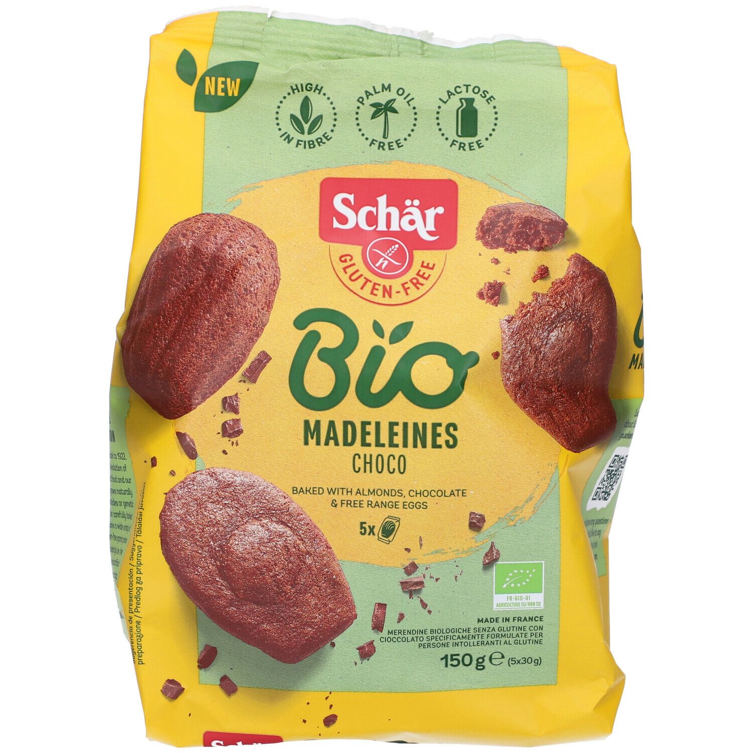 Confezione Schär Bio Madeleines Choco. Senza glutine, senza olio di palma, senza lattosio. 5 pezzi. Con mandorle, cioccolato e uova.