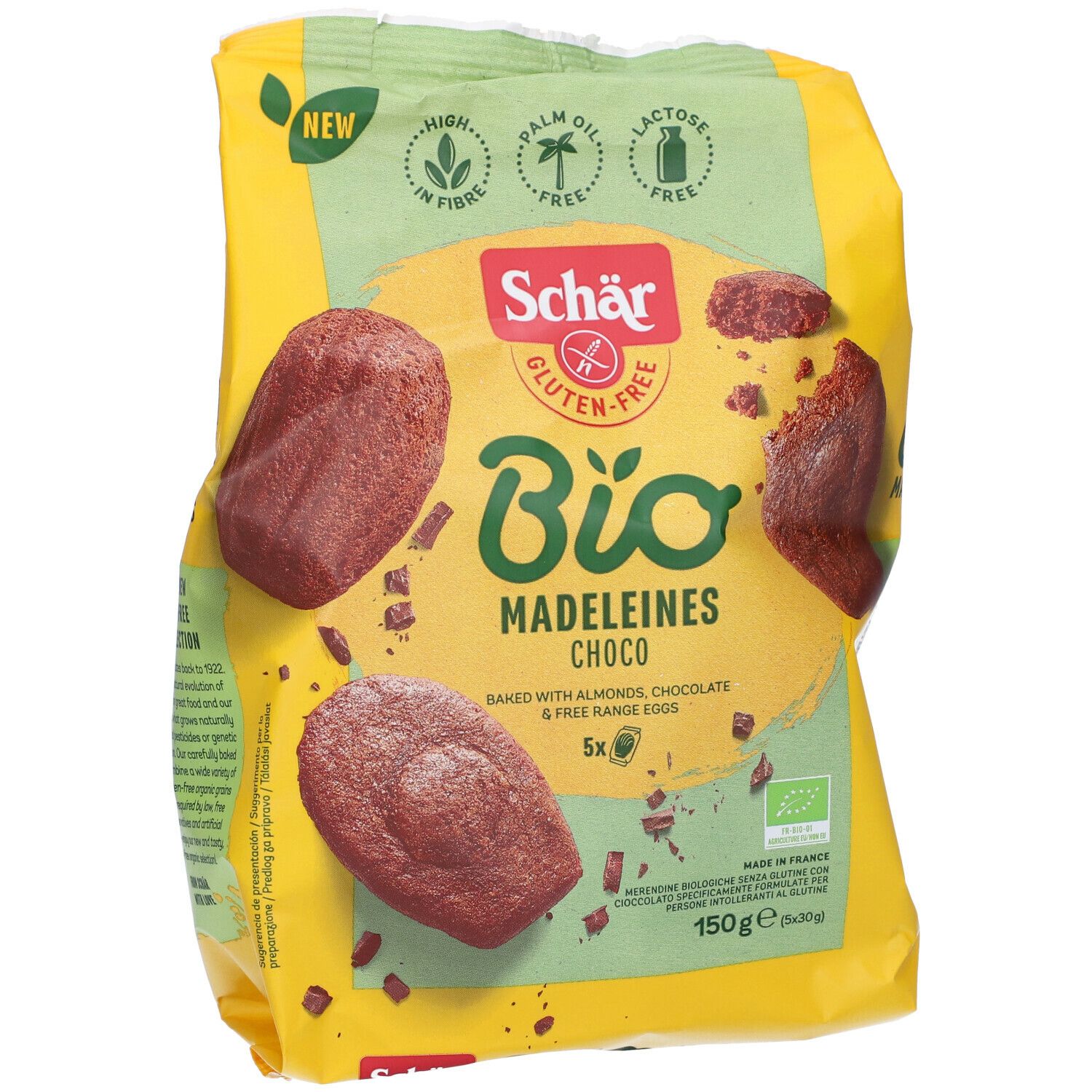 Confezione Schär Bio Madeleines Choco. Senza glutine, senza olio di palma, senza lattosio. 5 pezzi. Con mandorle, cioccolato e uova.