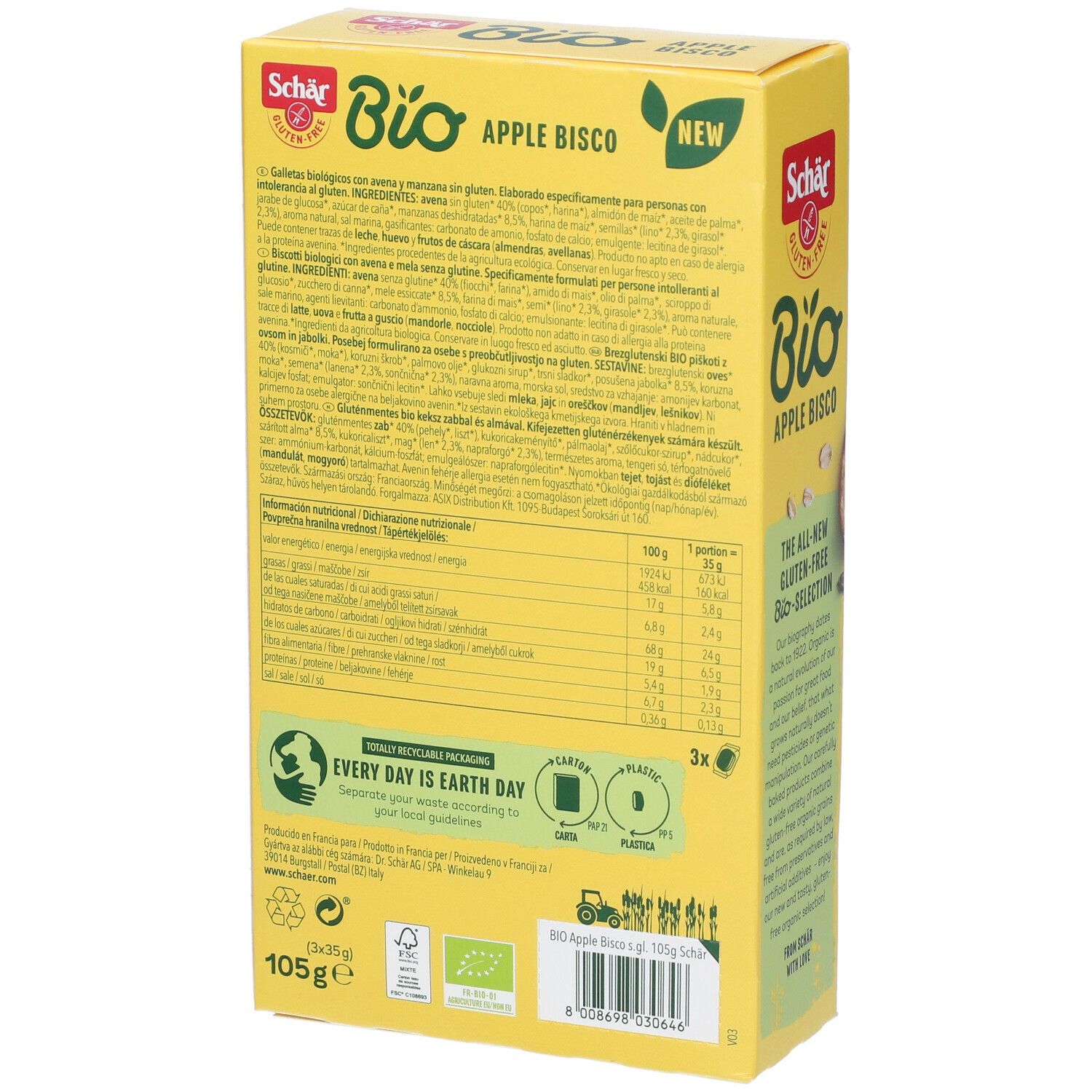 Scatola gialla "Schär Bio Apple Bisco". Retro con informazioni nutrizionali, ingredienti e simboli di riciclaggio. 105g.
