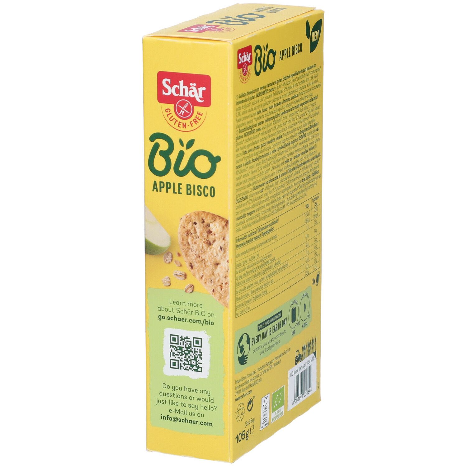 Scatola gialla "Schär Bio Apple Bisco". Retro con informazioni nutrizionali e codice QR. 105g.