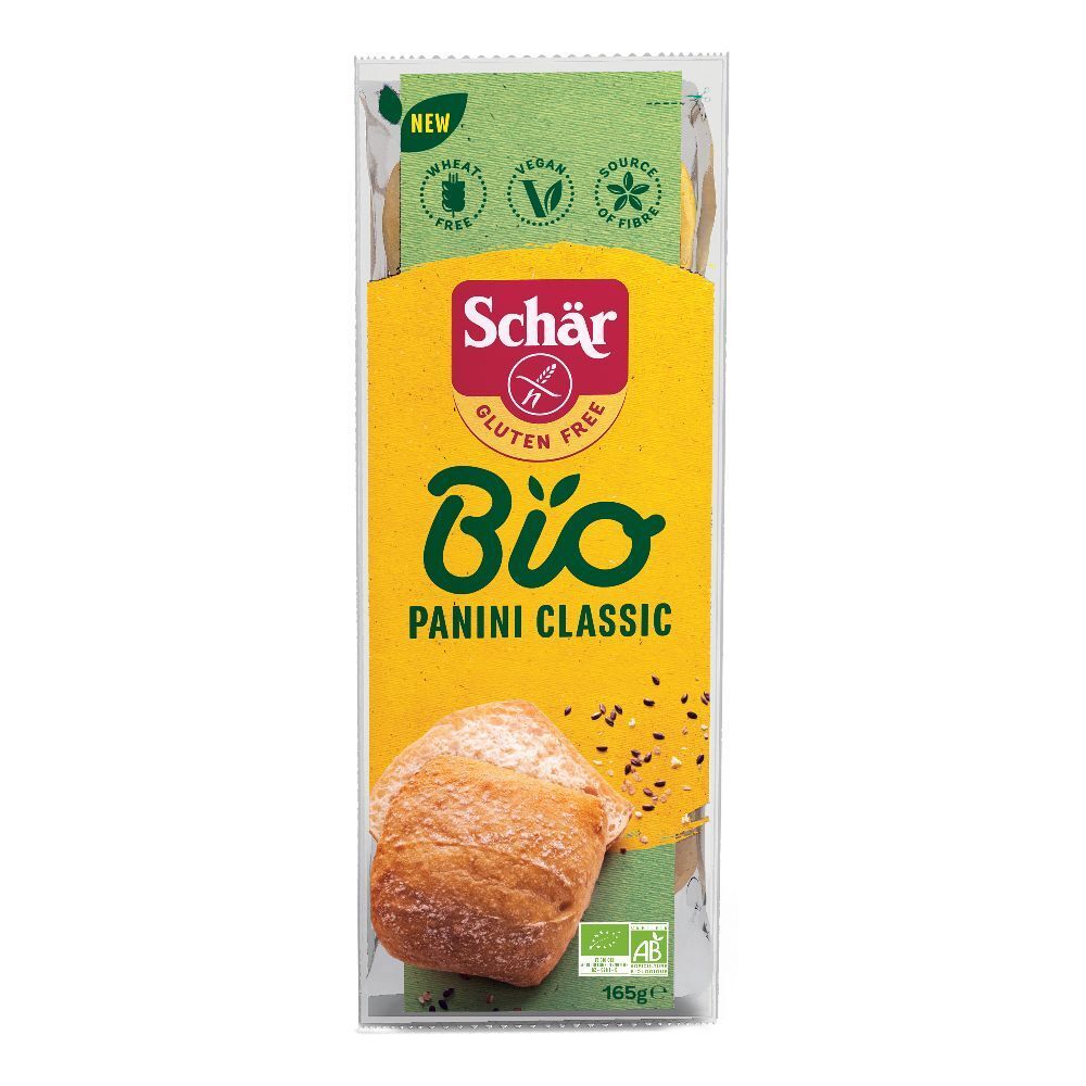 Confezione Schar® Bio Panini Classici. Senza glutine, vegano, senza frumento. Confezione gialla con pane. Scritta: Bio Panini Classic.