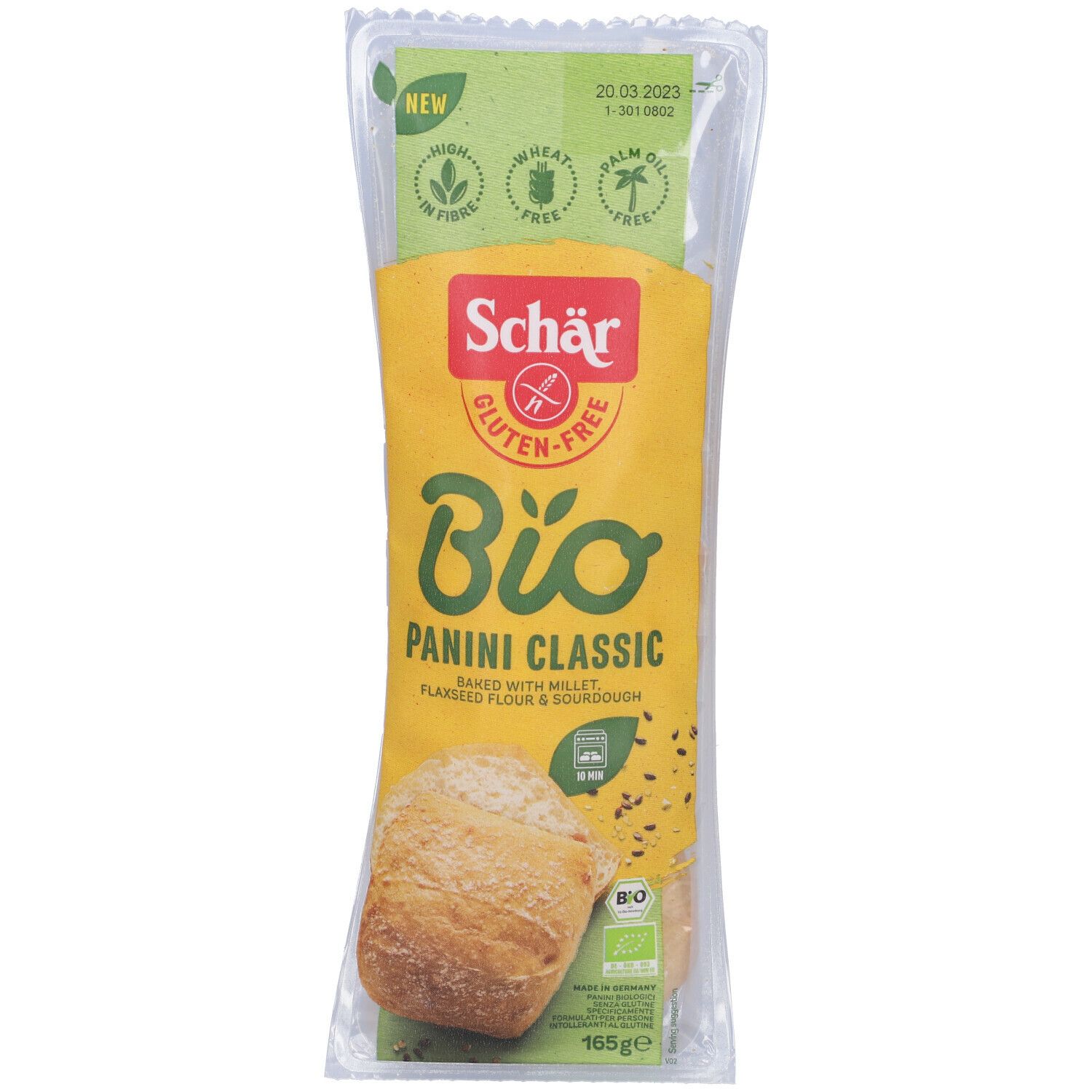 Confezione Schar® Bio Panini Classici. Senza glutine, vegano, senza frumento. Confezione gialla con pane. Scritta: Bio Panini Classic.