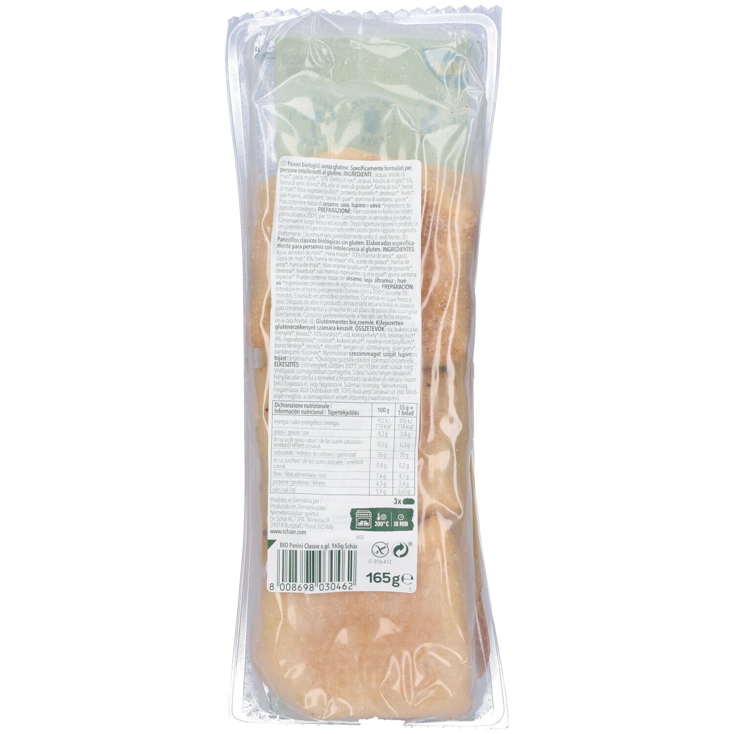 Retro della confezione Schar® Bio Panini Classici. Informazioni su ingredienti e valori nutrizionali. Senza glutine, vegano, senza frumento.