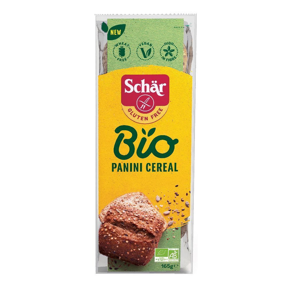 Confezione Schar® Bio Panini Classici. Etichetta gialla con logo e testo. Due metà di panini visibili. Senza glutine, vegano, senza grano.