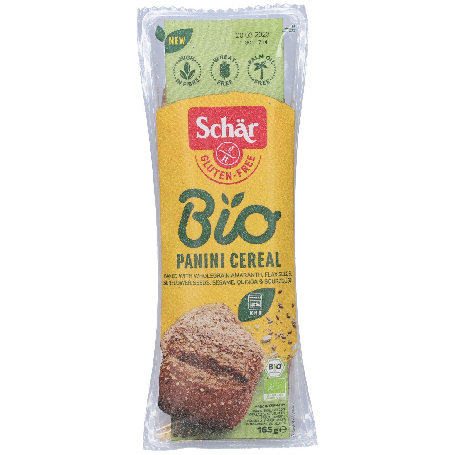 Confezione Schar® Bio Panini Classici. Etichetta gialla con logo e testo. Due metà di panini visibili. Senza glutine, vegano, senza olio di palma. Marchio bio.