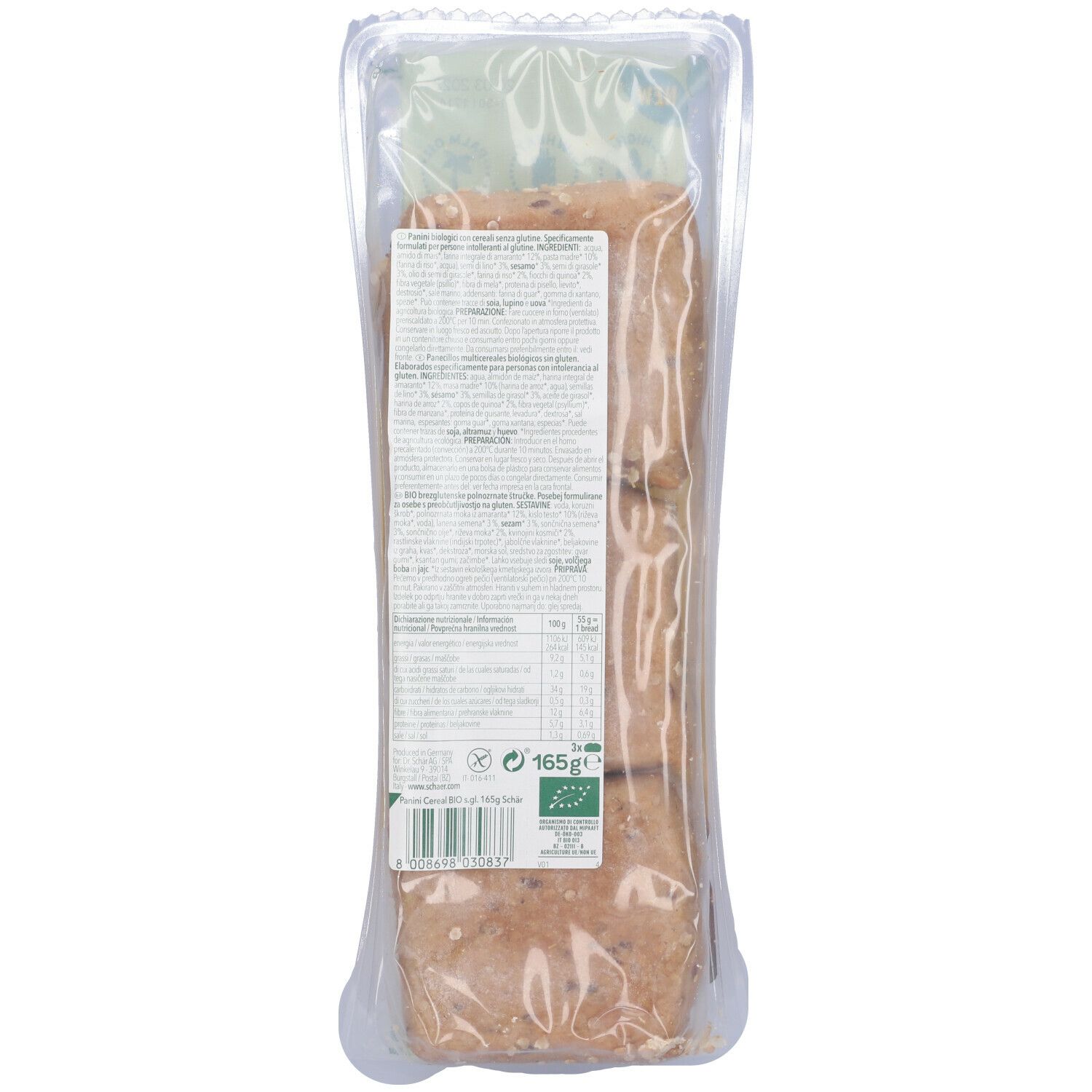 Retro della confezione Schar® Bio Panini Classici. Testo in più lingue. Informazioni nutrizionali ed etichetta biologica. Panini confezionati in pellicola.