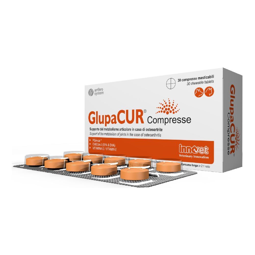 Confezione di compresse e scatola GlupaCUR Compresse. Compresse arancioni. Marchio Innovet. Testo in italiano.