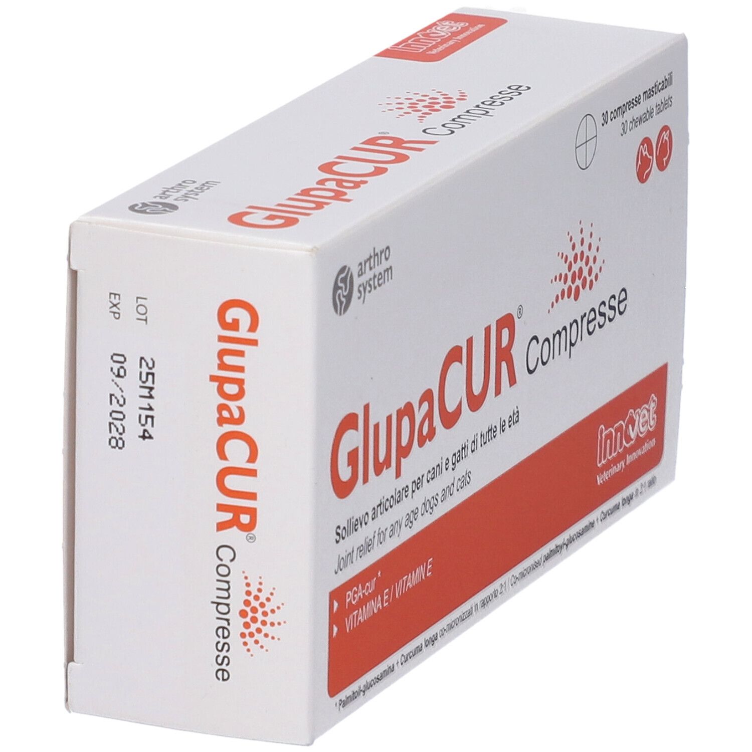 Weißer Karton mit GlupaCUR Compresse. Orangefarbene Akzente. Text: Joint relief for any age dogs and cats. 30 Tabletten.