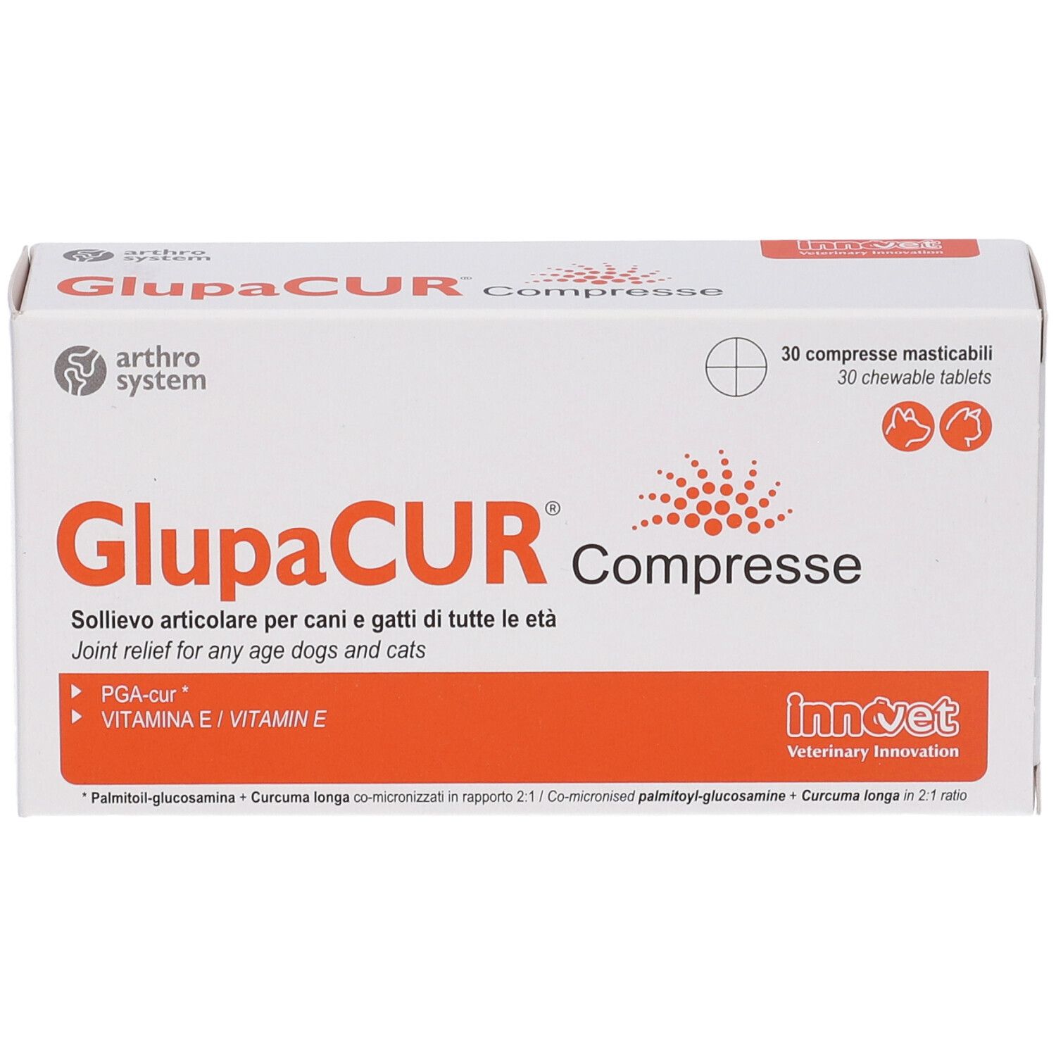 Weißer Karton mit GlupaCUR Compresse. Orangefarbene Akzente. Text: Joint relief for any age dogs and cats. 30 Tabletten.
