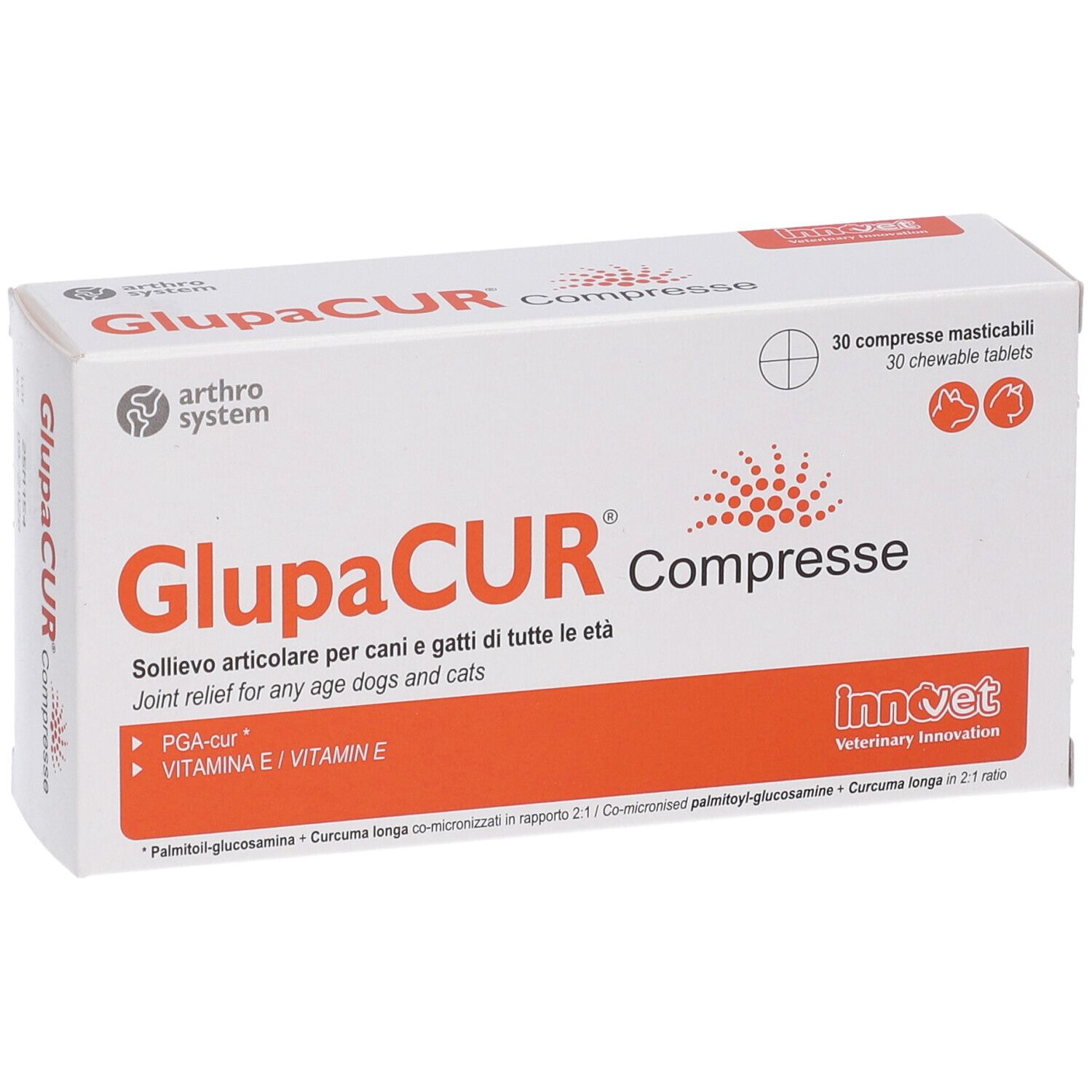 Weißer Karton mit GlupaCUR Compresse. Orangefarbene Akzente. Text: Joint relief for any age dogs and cats. 30 Tabletten.