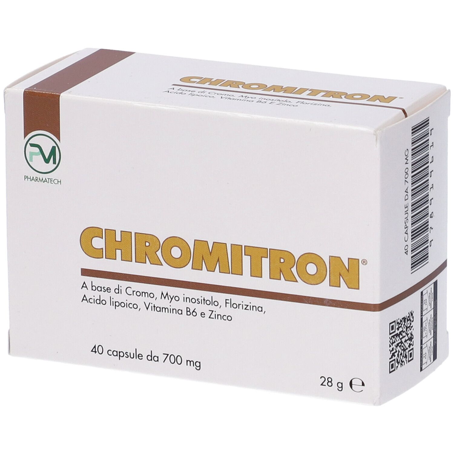 Scatola bianca con nome prodotto Chromitron. Contiene 40 capsule. Scritta: A base di Cromo, Myo inositolo, etc.