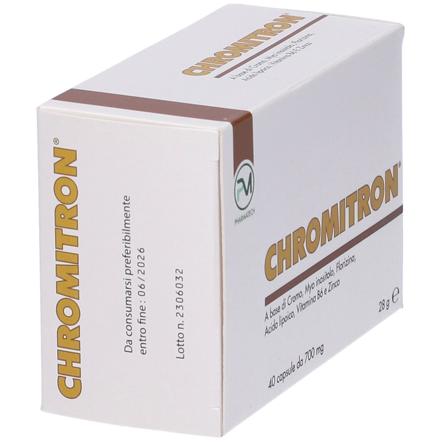 Scatola Chromitron in diagonale. Scritta: Chromitron. Contiene 40 capsule. Scritta: A base di Cromo, Myo inositolo, etc.