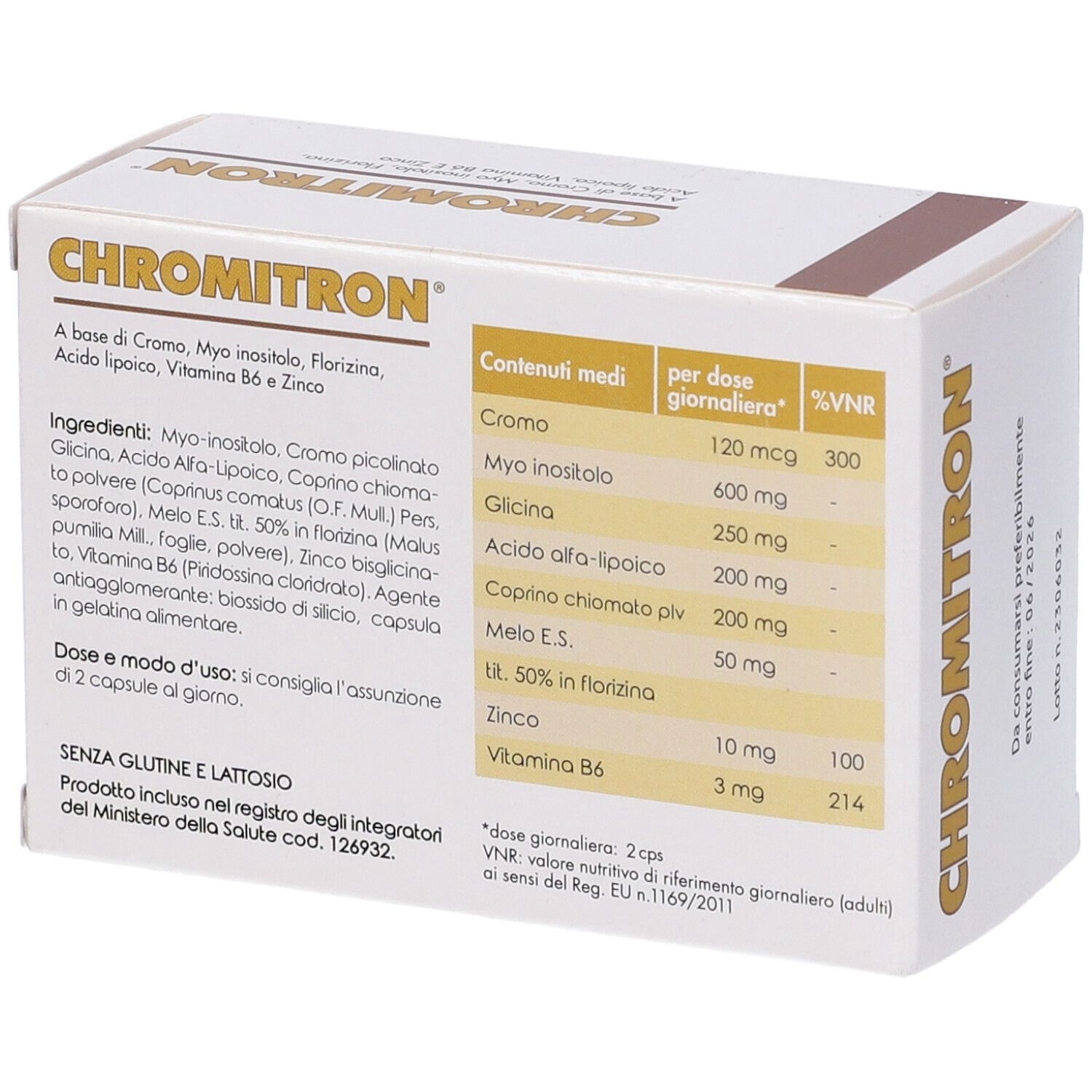 Scatola Chromitron, retro. Contiene ingredienti e informazioni nutrizionali. Scritta: Chromitron. Contiene 40 capsule.