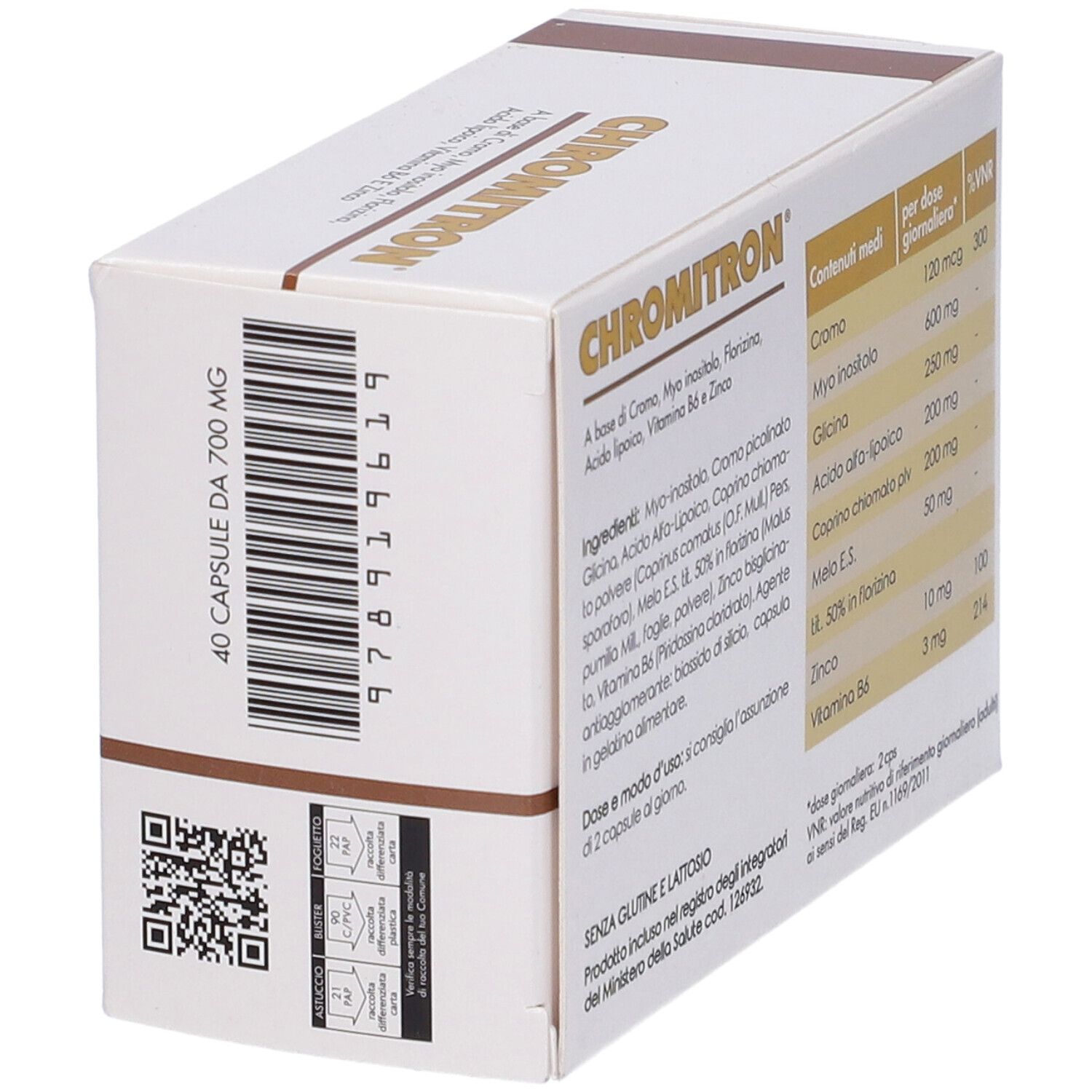 Scatola Chromitron, retro e lato. Contiene ingredienti e informazioni nutrizionali. Scritta: Chromitron. 40 capsule.