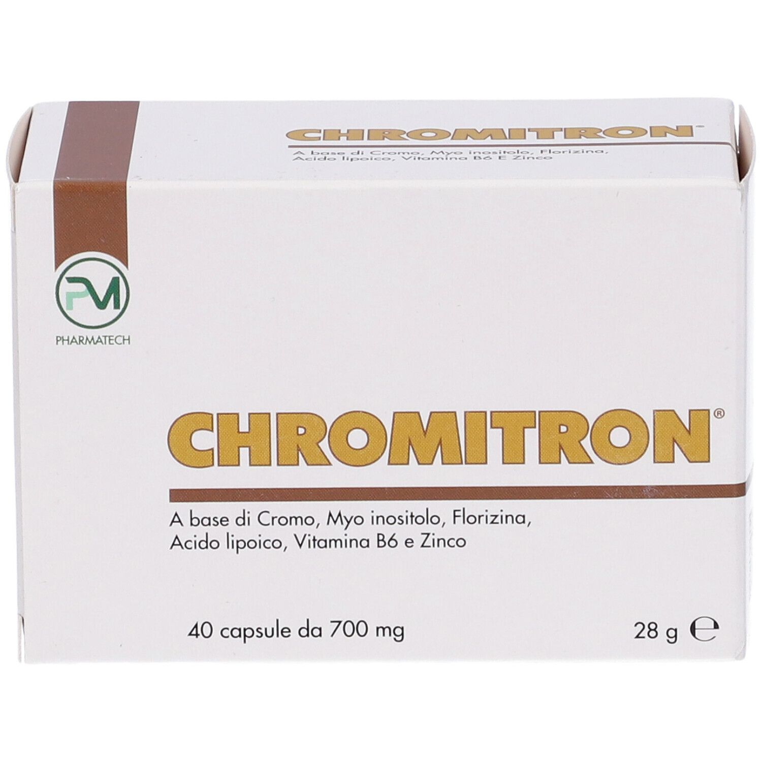 Scatola bianca con nome prodotto Chromitron. Contiene 40 capsule. Scritta: A base di Cromo, Myo inositolo, etc.