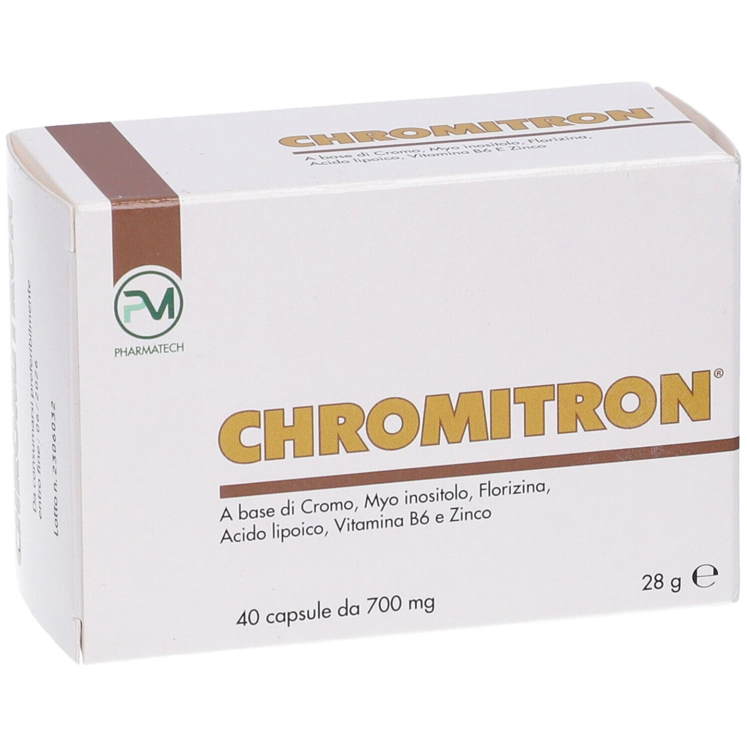 Scatola bianca con nome prodotto Chromitron. Contiene 40 capsule. Scritta: A base di Cromo, Myo inositolo, etc.
