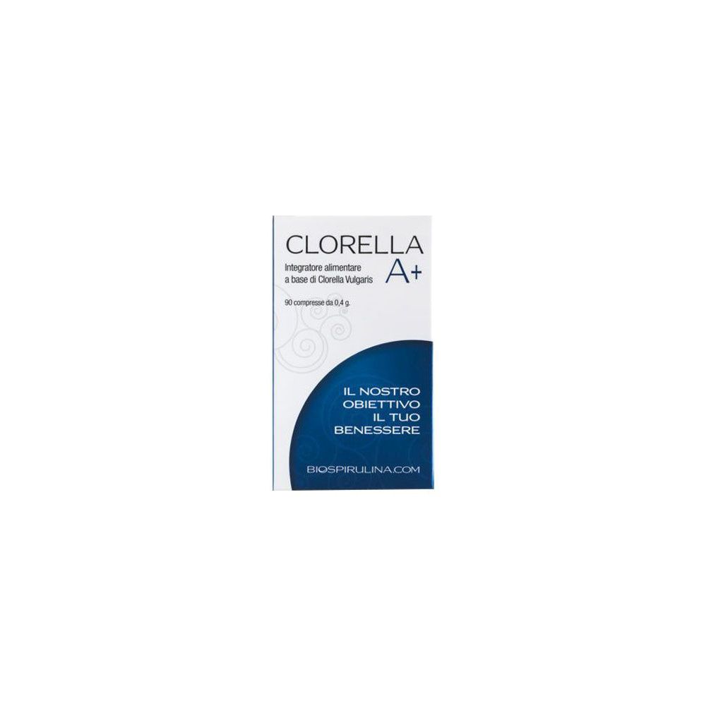 Scatola di compresse 'Clorella A+'. Confezione bianca con grafica blu e testo. Contiene 90 compresse.