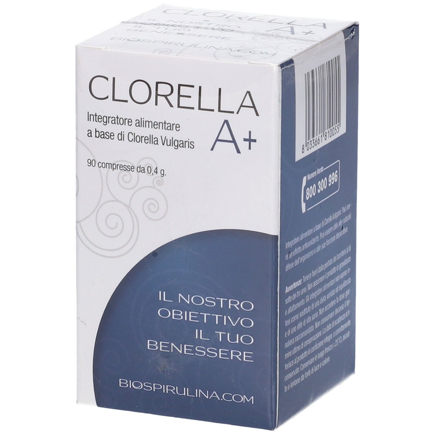 Confezione 'Clorella A+' con grafica blu. Contiene 90 compresse. Testo: 'Integratore alimentare'.