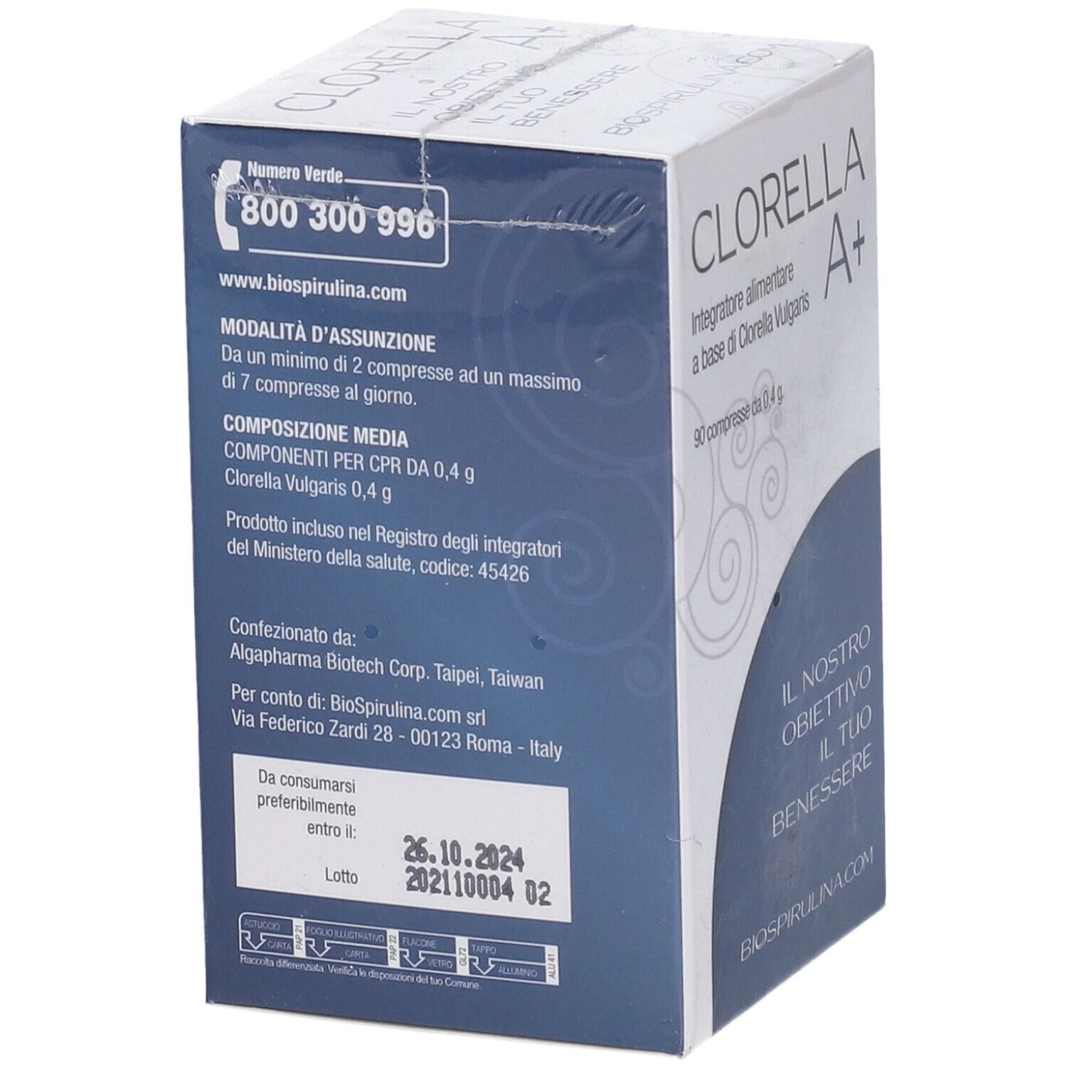 Retro della confezione 'Clorella A+'. Testo e informazioni in italiano. Contiene 90 compresse.