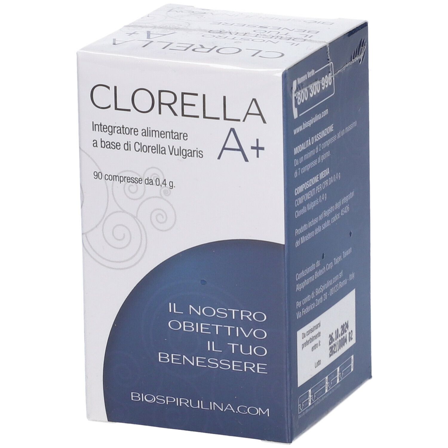 Confezione 'Clorella A+' con grafica blu. Contiene 90 compresse. Testo: 'Integratore alimentare'.