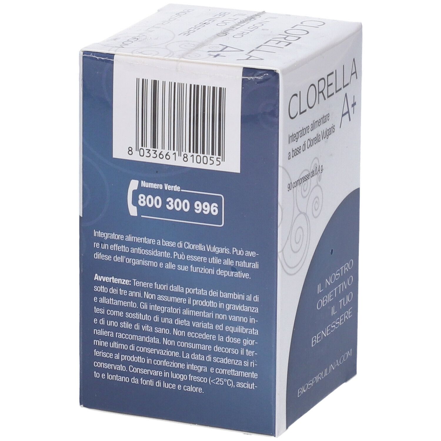 Retro della confezione 'Clorella A+'. Testo e informazioni in italiano. Contiene 90 compresse.