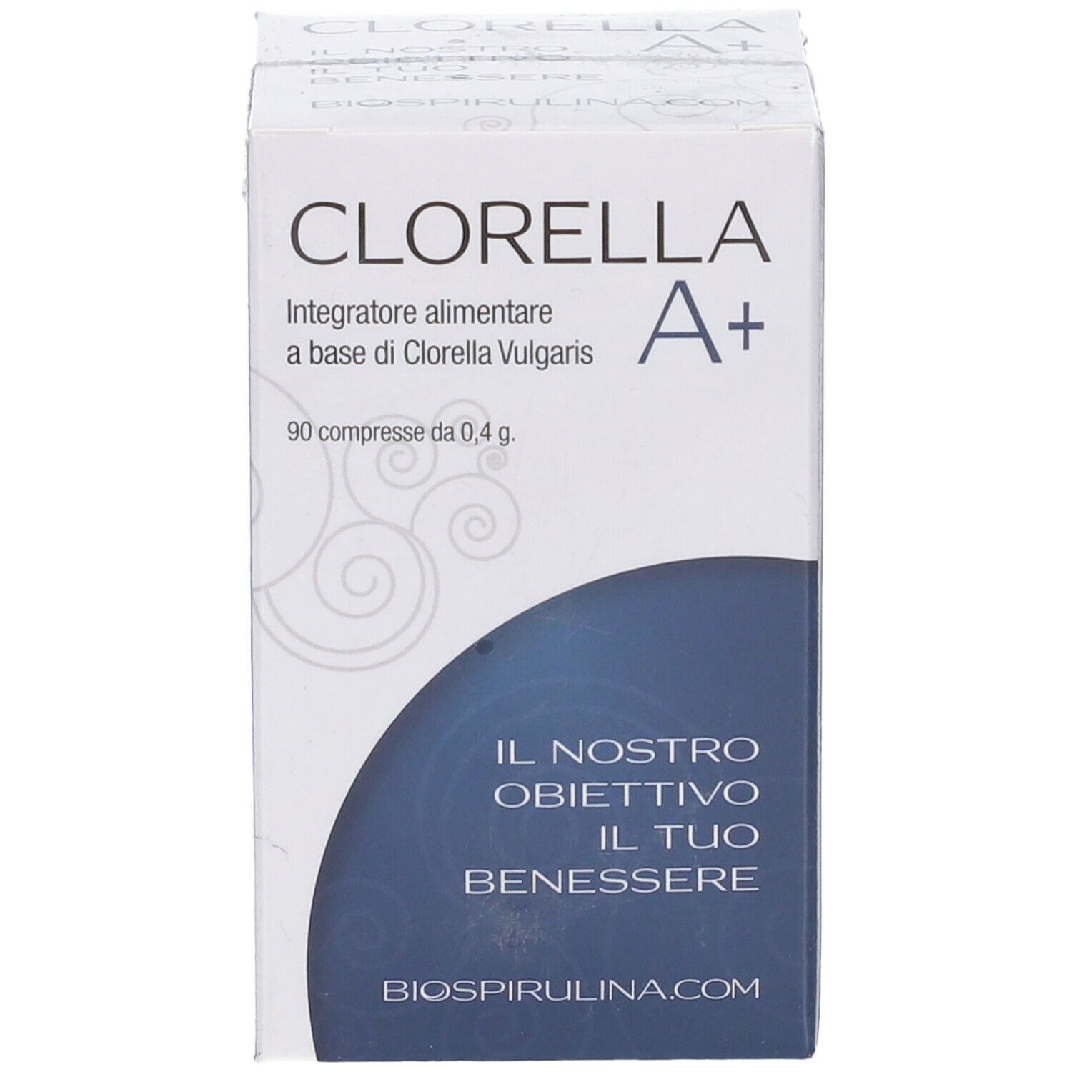 Confezione 'Clorella A+' con grafica blu. Contiene 90 compresse. Testo: 'Integratore alimentare'.