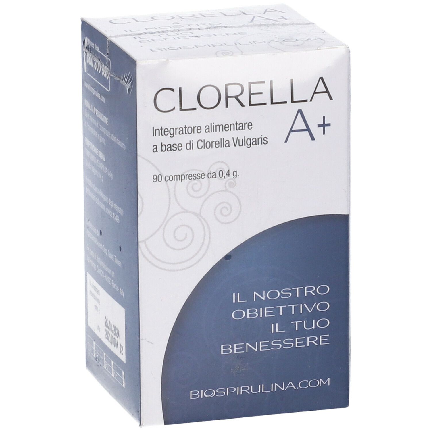 Confezione 'Clorella A+' con grafica blu. Contiene 90 compresse. Testo: 'Integratore alimentare'.