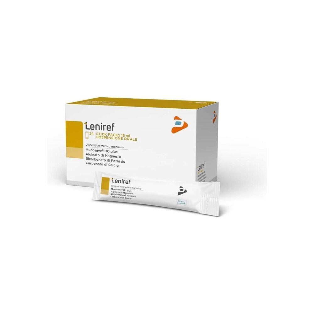 Scatola bianca con accento giallo. Scritto: Leniref, 24 Stick Packs, sospensione orale. Un singolo stick accanto.