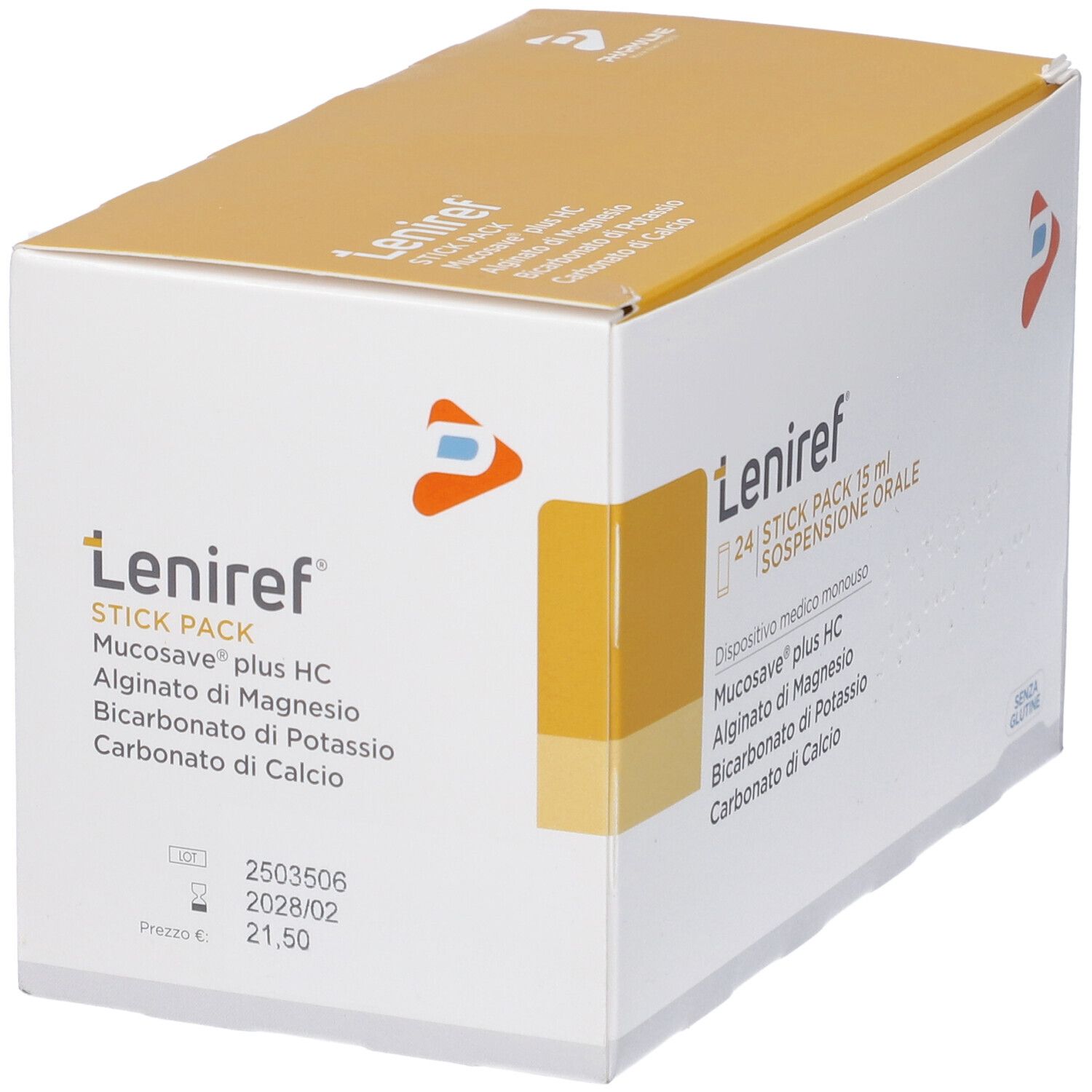 Scatola bianca con coperchio giallo. Scritto: Leniref, 24 Stick Packs, sospensione orale. Ingredienti e numero di lotto.