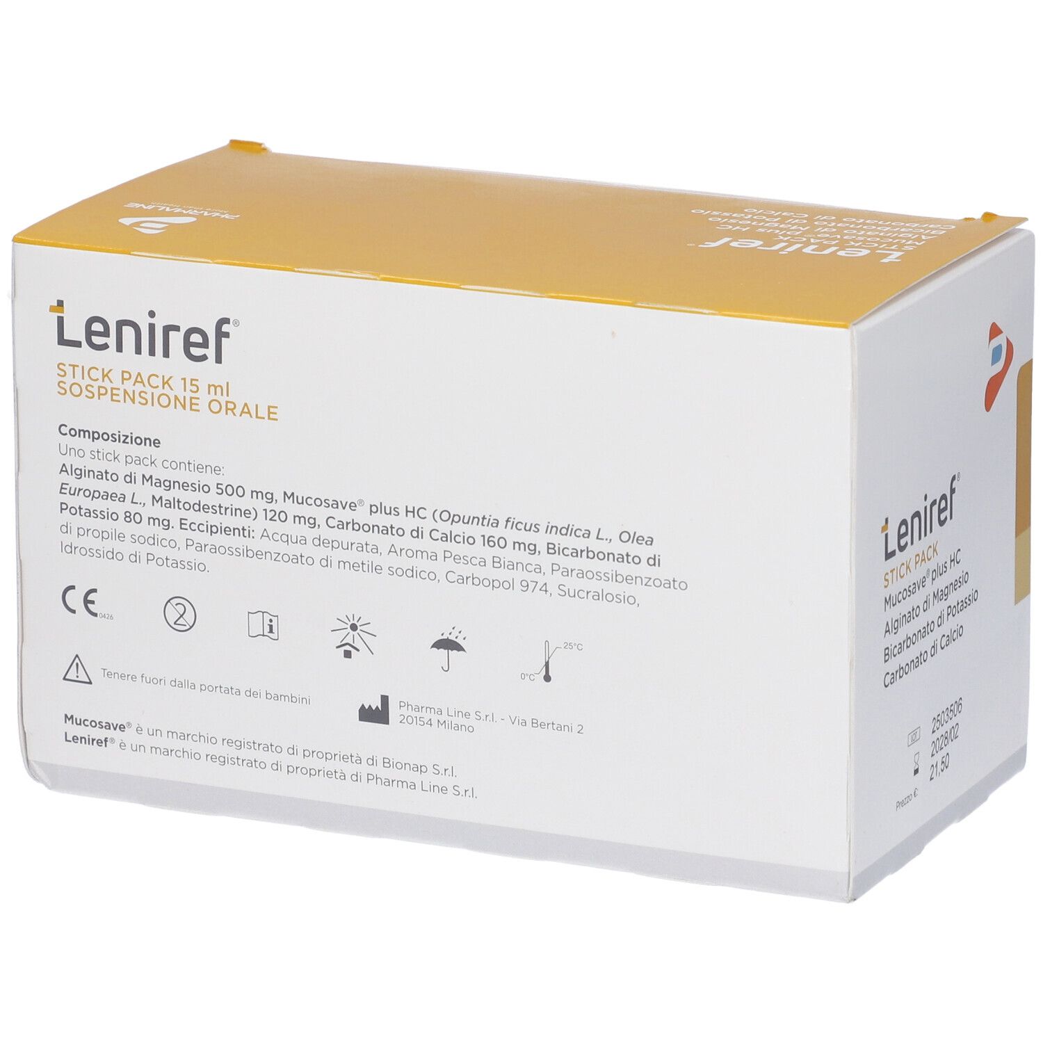 Scatola bianca con coperchio giallo. Scritto: Leniref, 24 Stick Packs, sospensione orale. Ingredienti e loghi.