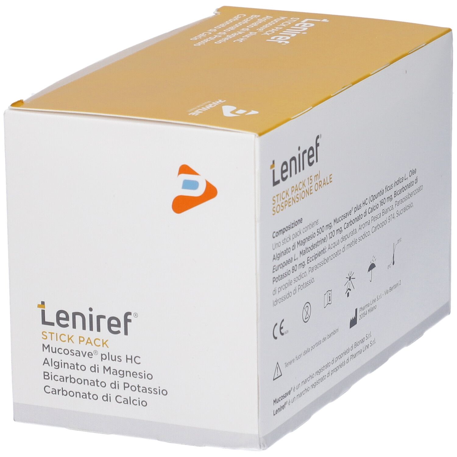 Scatola bianca con coperchio giallo. Scritto: Leniref, 24 Stick Packs, sospensione orale. Ingredienti e loghi.