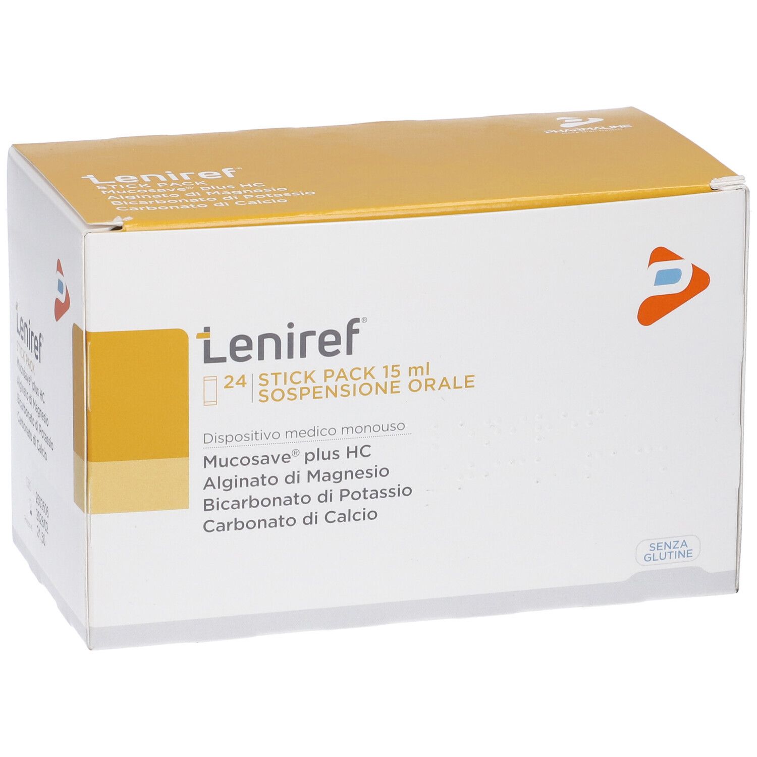 Scatola bianca con coperchio giallo. Scritto: Leniref, 24 Stick Packs, sospensione orale. Logo senza glutine.
