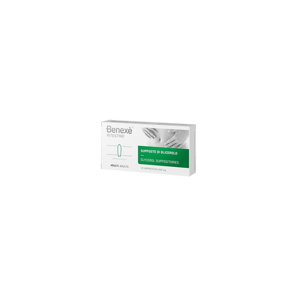 Scatola bianca con fascia verde. Testo: Benexè Intestino, Supposte di Glicerolo, 18 pezzi. Dispositivo medico.