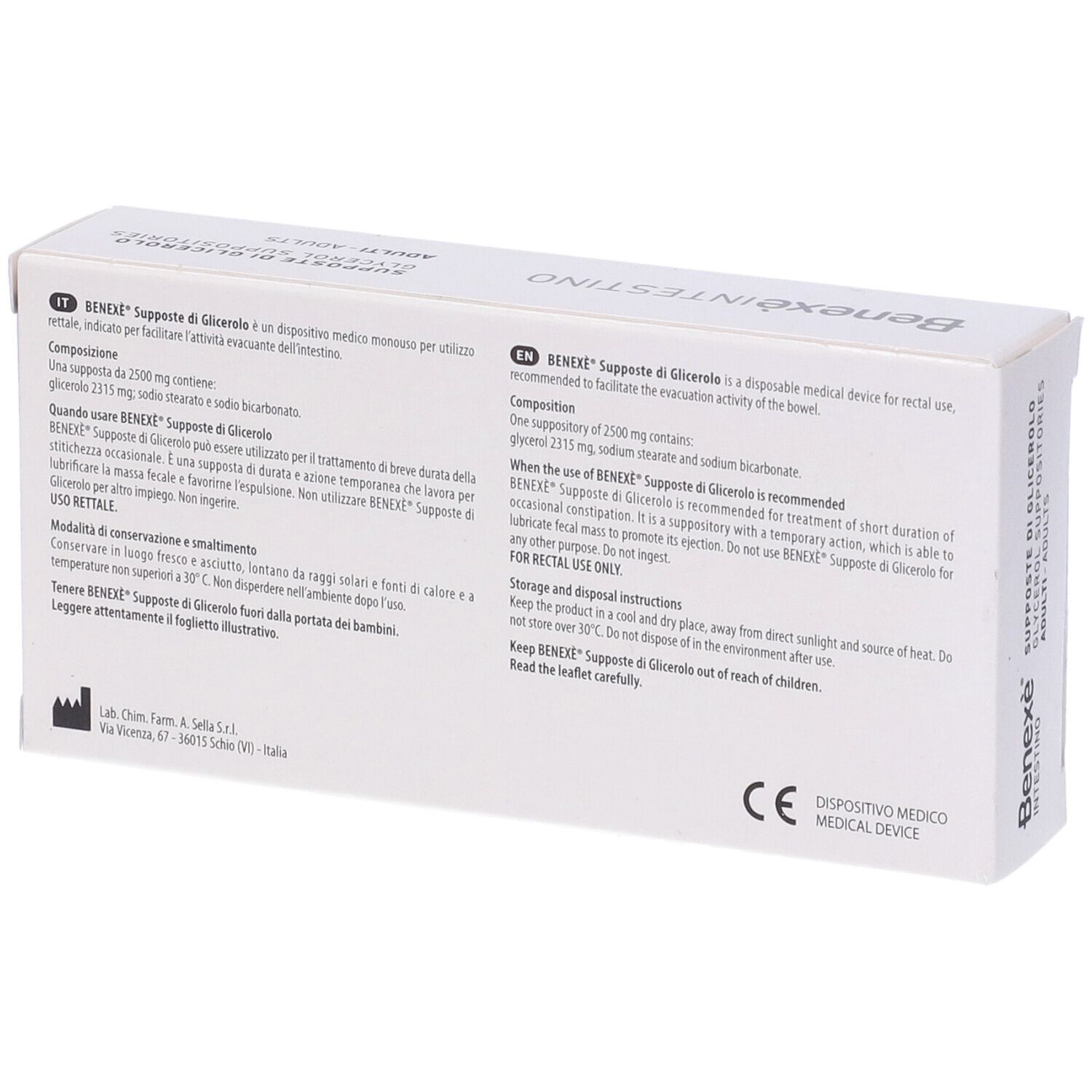 Retro della scatola. Testo multilingue. Dispositivo medico. Marchio CE.