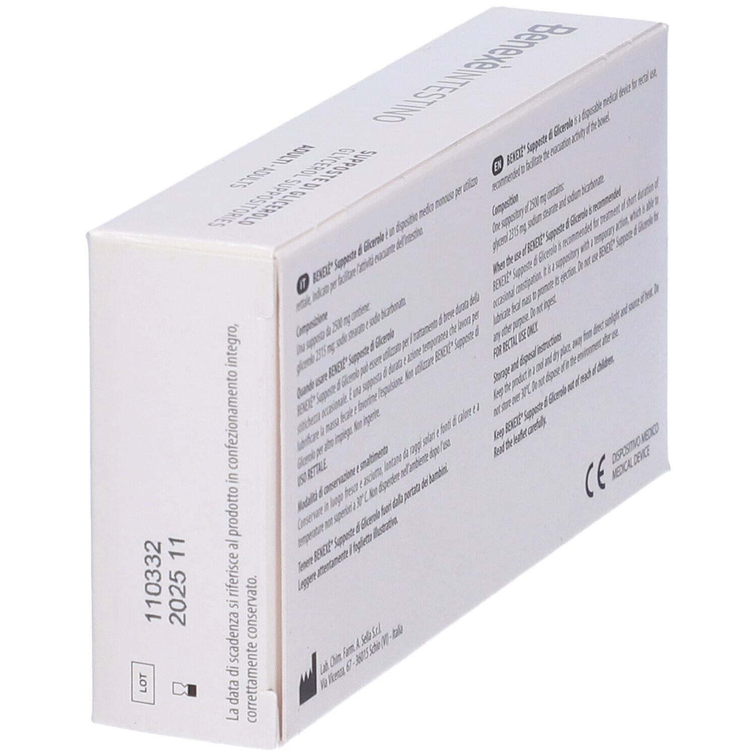 Retro della scatola. Testo multilingue. Dispositivo medico. Marchio CE. Data di scadenza.