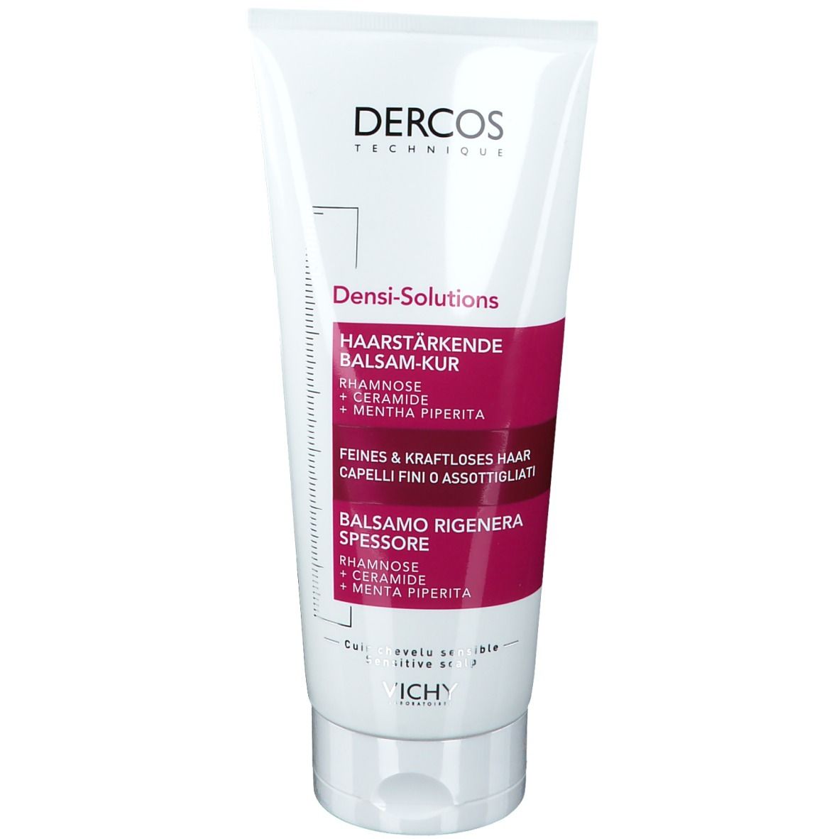 Tubo bianco con fascia rosa. Scritta: Dercos Densi-Solutions, Balsamo rigenera spessore.
