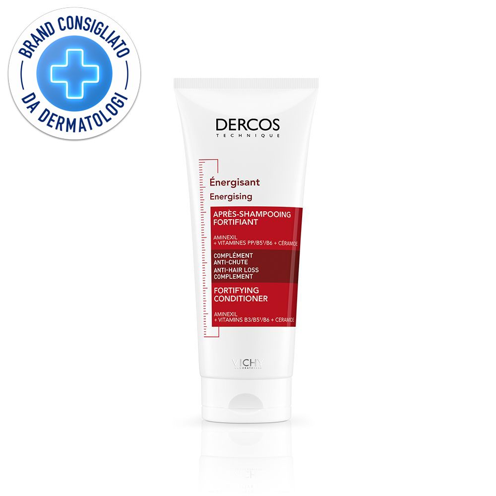 Weißer Balsam-Tuben mit rotem Streifen. Text: Dercos Technique, Energisant, Après-Shampooing fortifiant, Anti-Haarausfall.