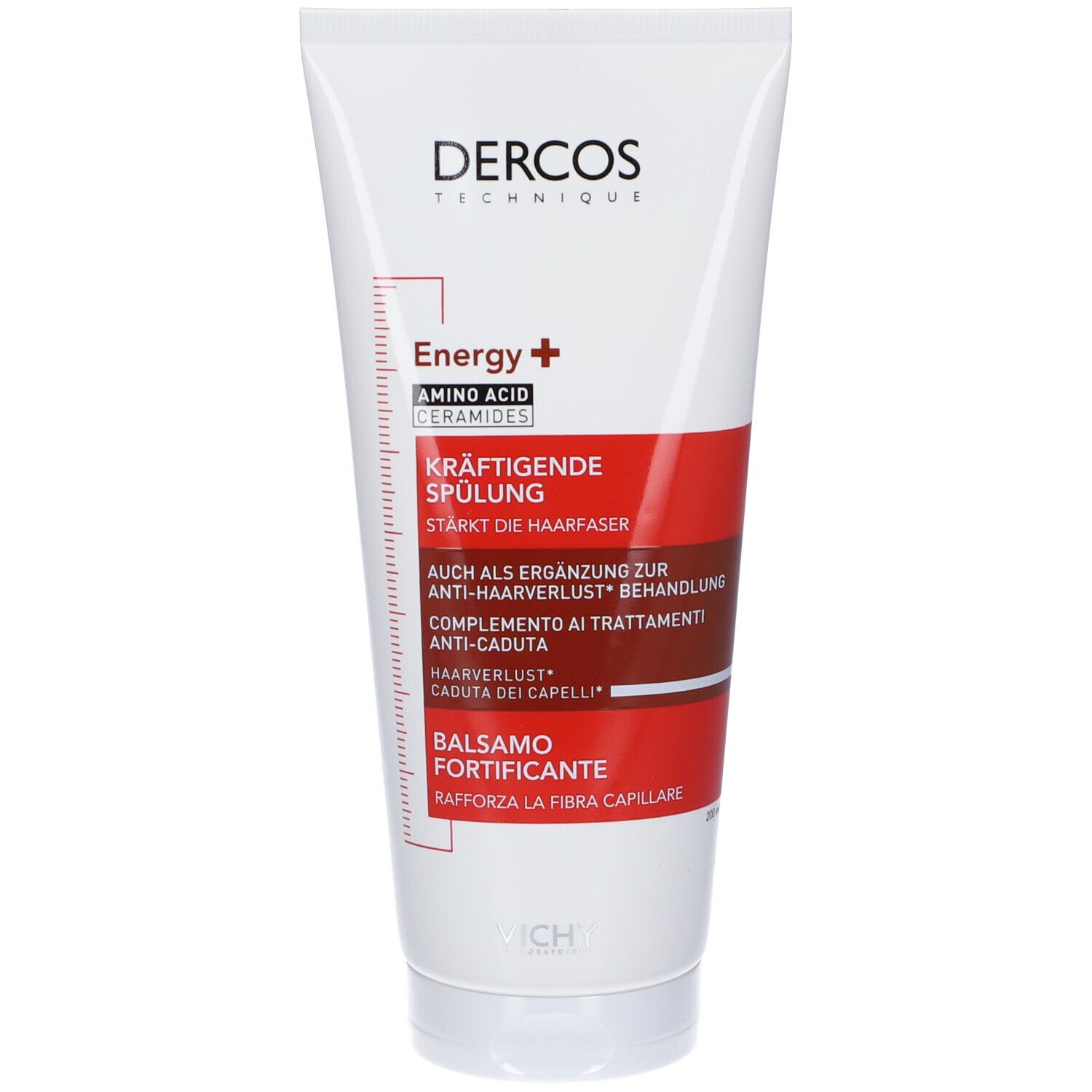Weißer Balsam-Tuben mit rotem Streifen. Text: Dercos, Energy+, Kräftigende Spülung, Anti-Haarverlust, Balsamo fortificante.