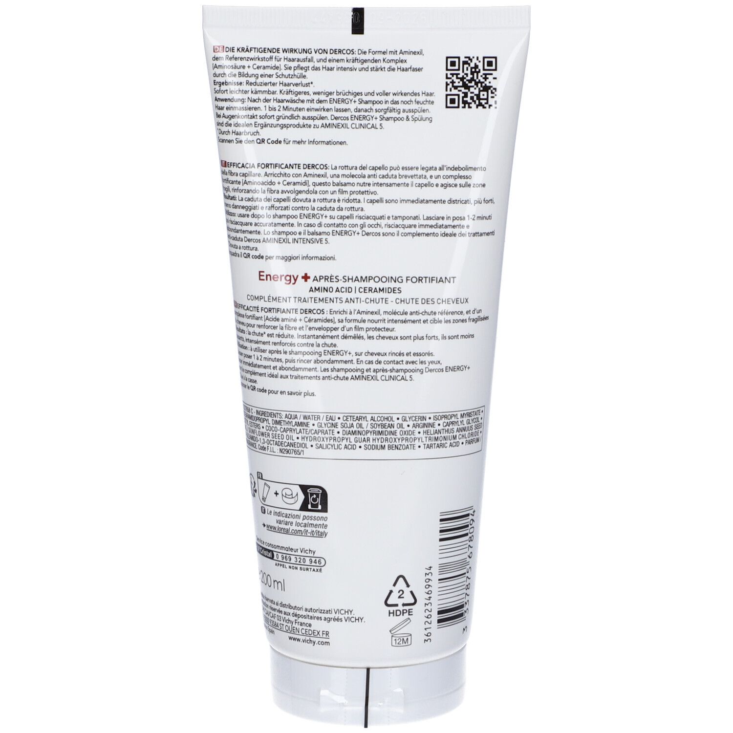 Rückseite einer weißen Tube. Text: Dercos, Energy+, Après-shampooing fortifiant, Anti-chute. Inhaltsstoffe und QR-Code.