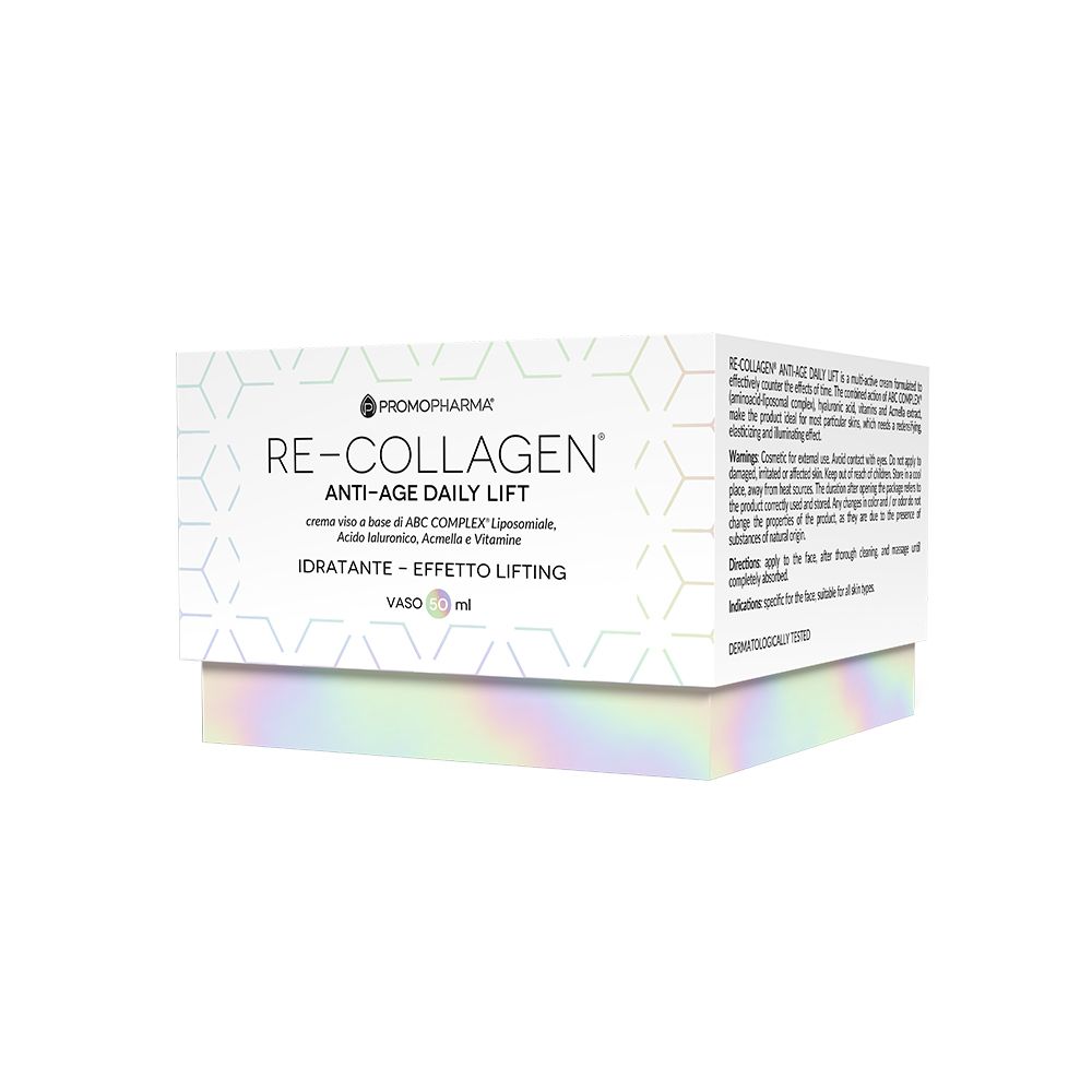 Scatola bianca Re-Collagen Anti-Age Daily Lift. Nome prodotto e logo. Scritto: IDRATANTE - EFFETTO LIFTING. Vaso 50 ml.
