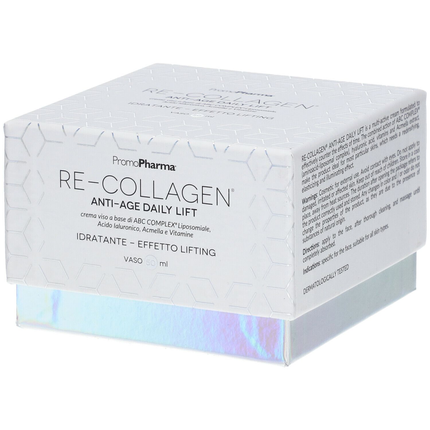 Scatola bianca Re-Collagen Anti-Age Daily Lift. Nome e logo. Scritto: IDRATANTE - EFFETTO LIFTING. Vaso 50 ml. Confezione aperta.