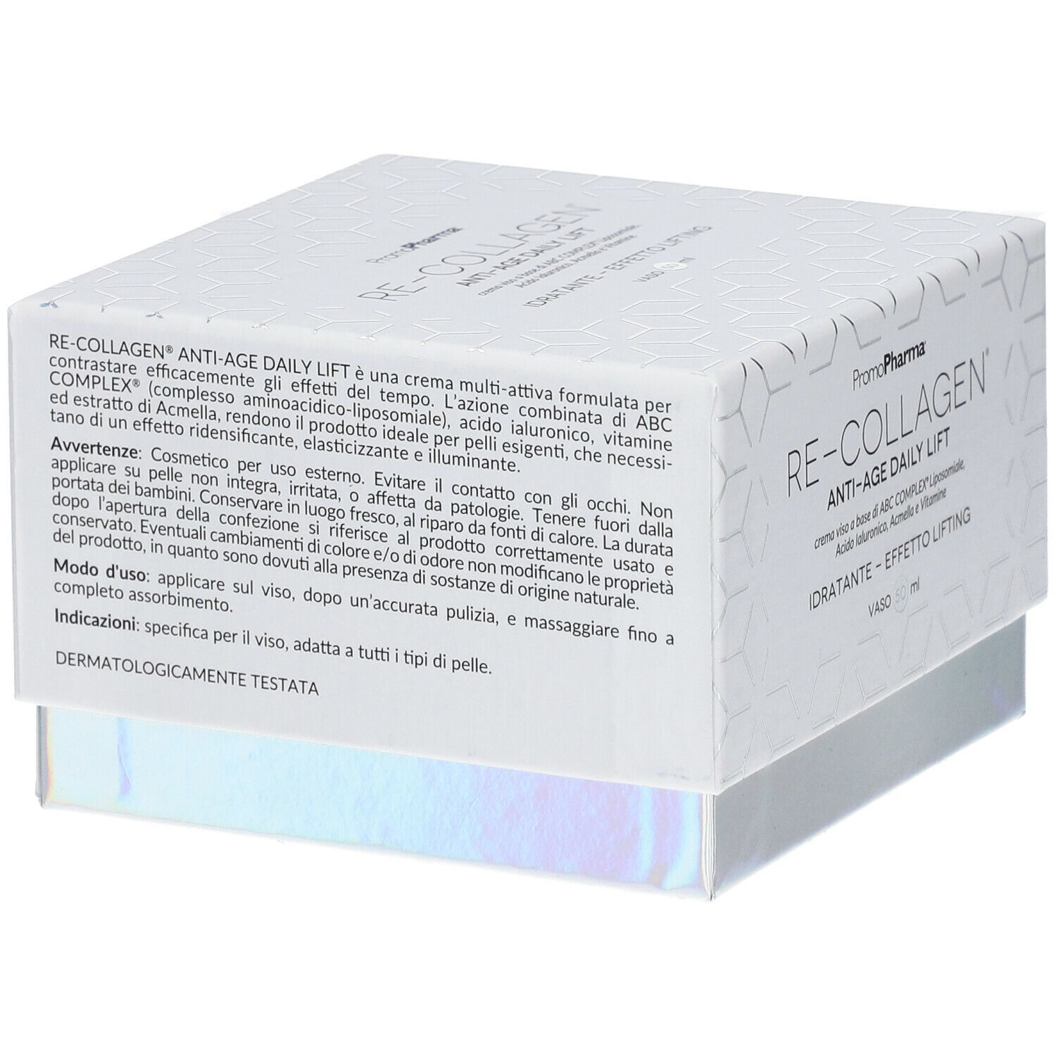 Scatola bianca Re-Collagen Anti-Age Daily Lift. Nome e logo. Scritto: IDRATANTE - EFFETTO LIFTING. Vaso 50 ml. Confezione aperta.